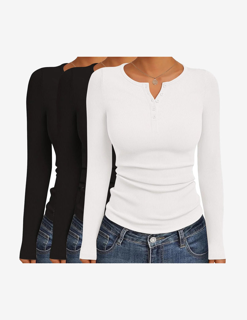 3 Packs Henley Button Down Ribbed Tops