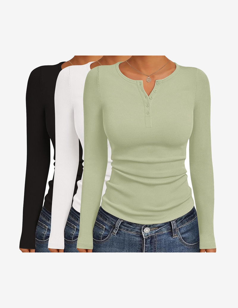 3 Packs Henley Button Down Ribbed Tops