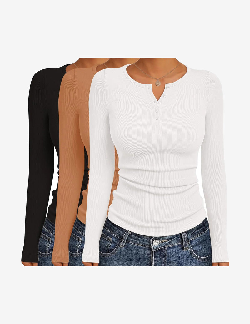 3 Packs Henley Button Down Ribbed Tops
