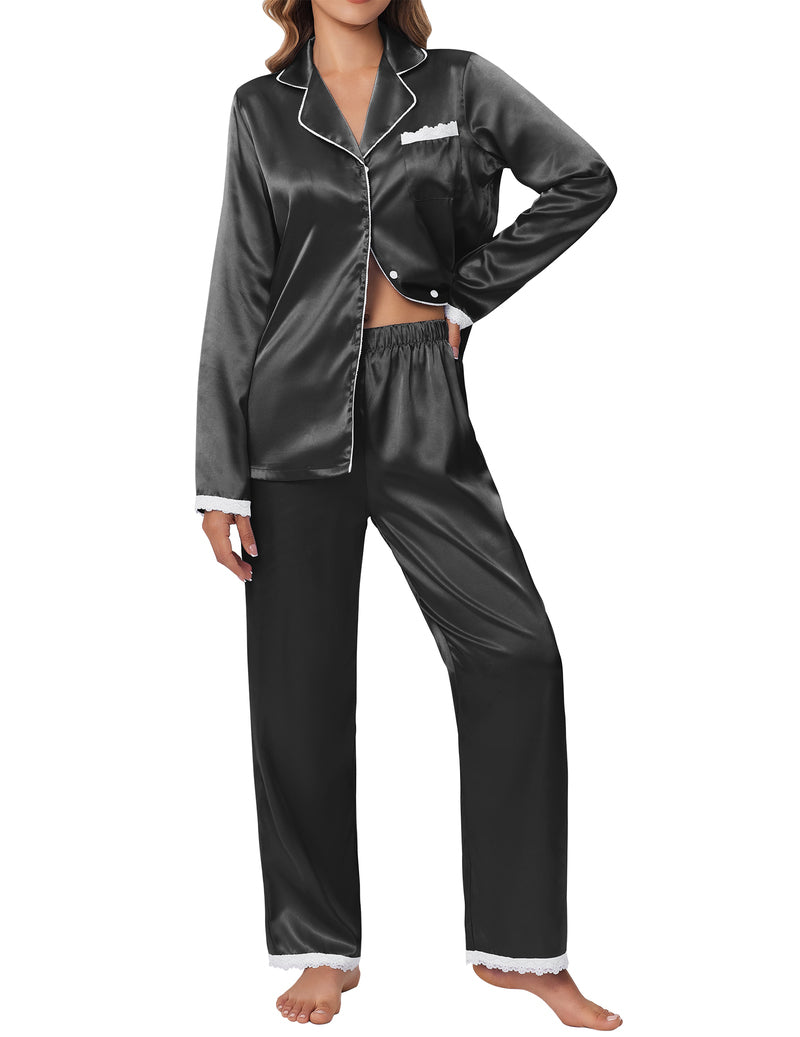 Satin Silk Long Sleeve Button Down 2 Pieces Lace Soft Pjs Set