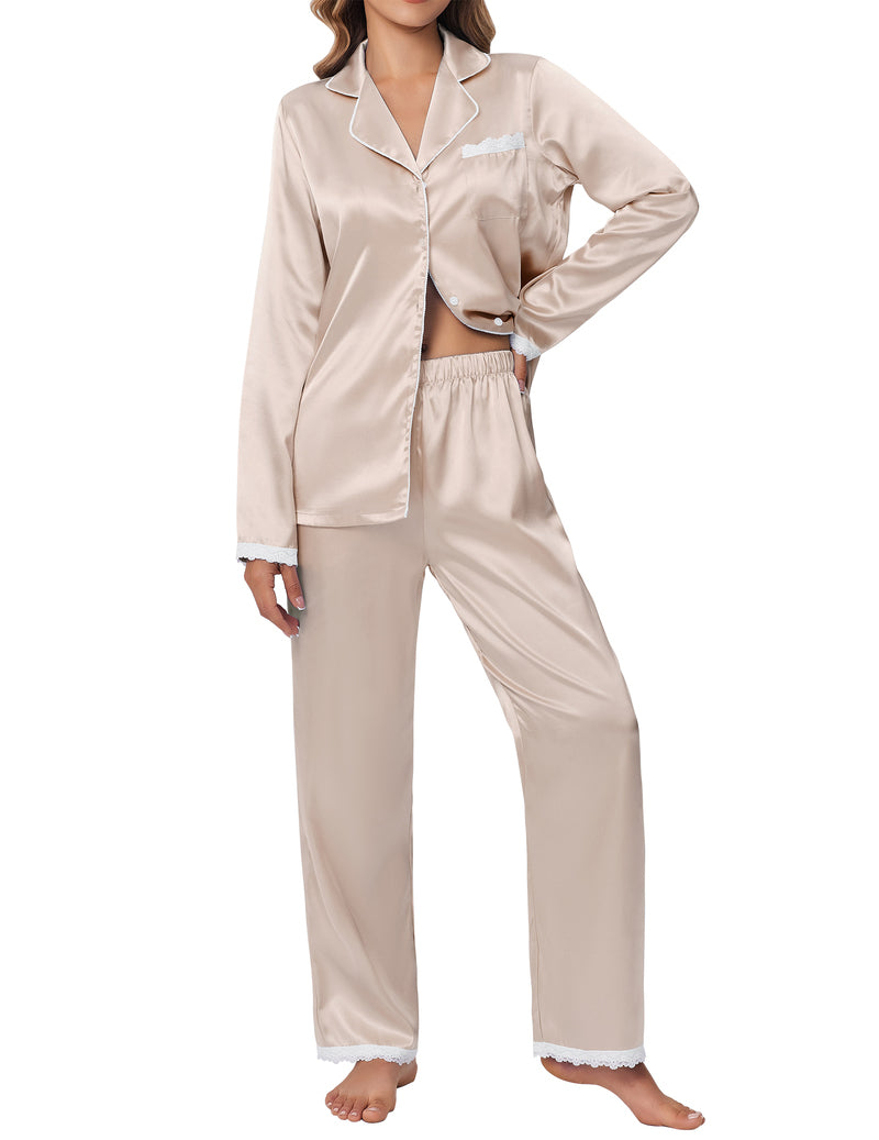 Satin Silk Long Sleeve Button Down 2 Pieces Lace Soft Pjs Set