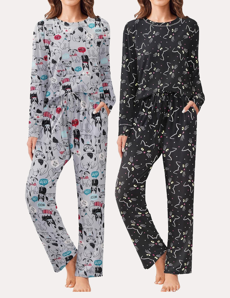 Ekouaer 2 Pack Long Sleeve Soft Loungewear Pjs Sets