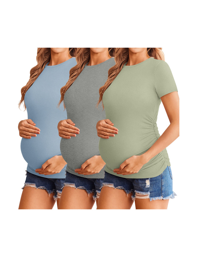 Maternity ribbed side-ruched short-sleeve shirts (3-pack), light blue, gray, sage