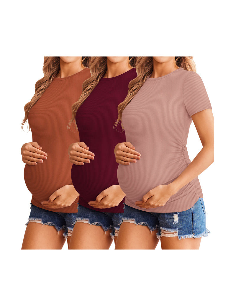 Maternity ribbed side-ruched short-sleeve shirts (3-pack), brown, maroon, mauve