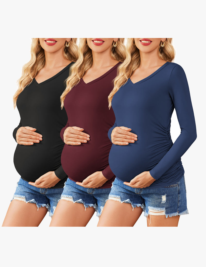 Ekouaer Maternity Shirts 3 Packs Pregnancy Side Ruched Tops