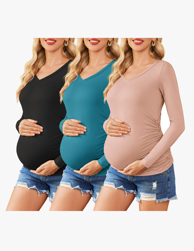 Ekouaer Maternity Shirts 3 Packs Pregnancy Side Ruched Tops