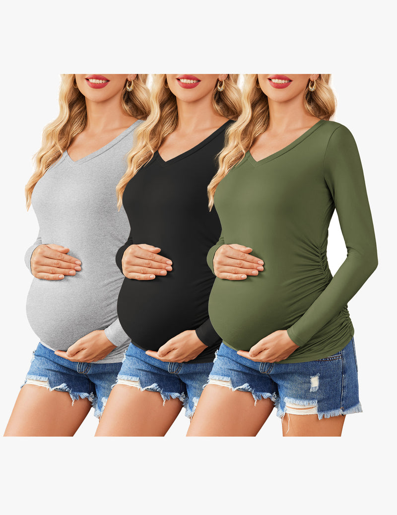 Ekouaer Maternity Shirts 3 Packs Pregnancy Side Ruched Tops