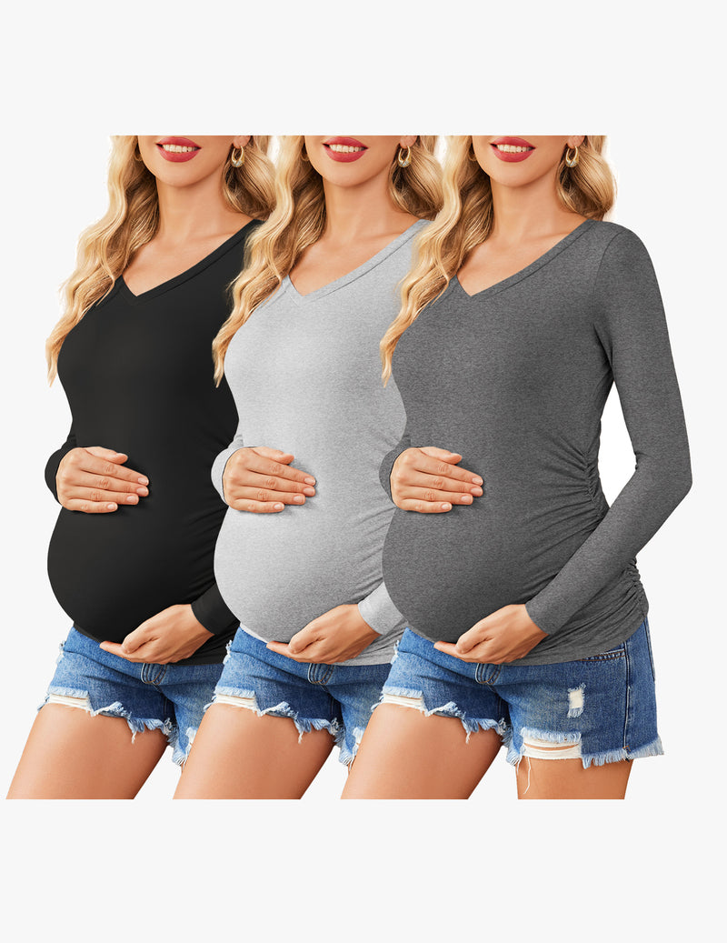 Ekouaer Maternity Shirts 3 Packs Pregnancy Side Ruched Tops