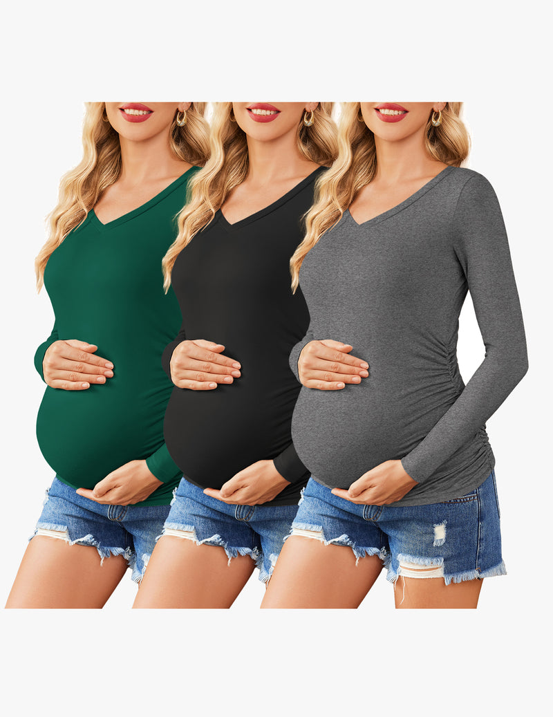 Ekouaer Maternity Shirts 3 Packs Pregnancy Side Ruched Tops