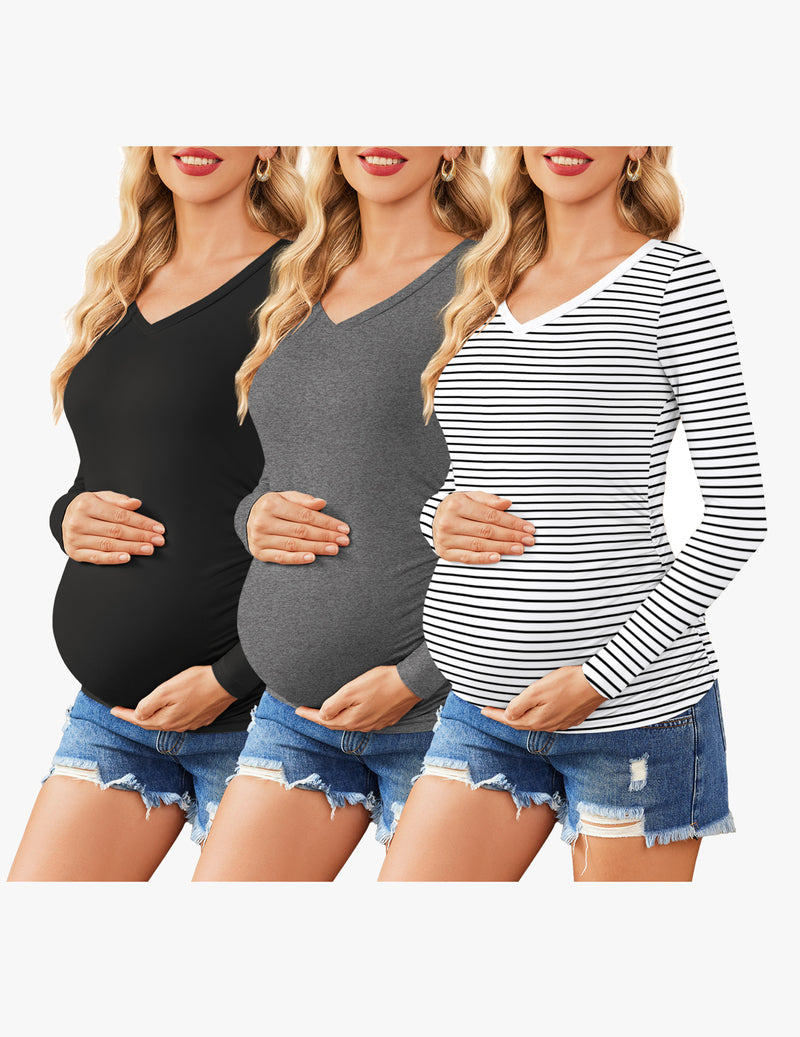 Ekouaer Maternity Shirts 3 Packs Pregnancy Side Ruched Tops
