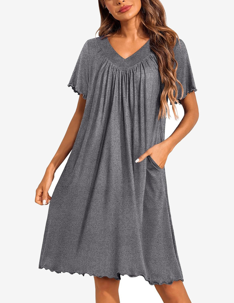 Ekouaer Women's House Dress with Pockets Moo Moo Nightgown V Neck Sleepwear Pleated Floral Print Mumu Dress Navy Blue / XXL Ekouaer Women's House Dress with Pockets Moo Moo Nightgown V Neck Sleepwear Pleated Floral Print Mumu Dress Navy Blue / XXL