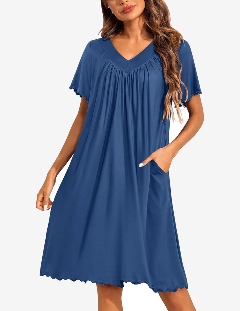 Ekouaer Women's House Dress with Pockets Moo Moo Nightgown V Neck Sleepwear Pleated Floral Print Mumu Dress Navy / 3XL Ekouaer Women's House Dress with Pockets Moo Moo Nightgown V Neck Sleepwear Pleated Floral Print Mumu Dress Navy / 3XL