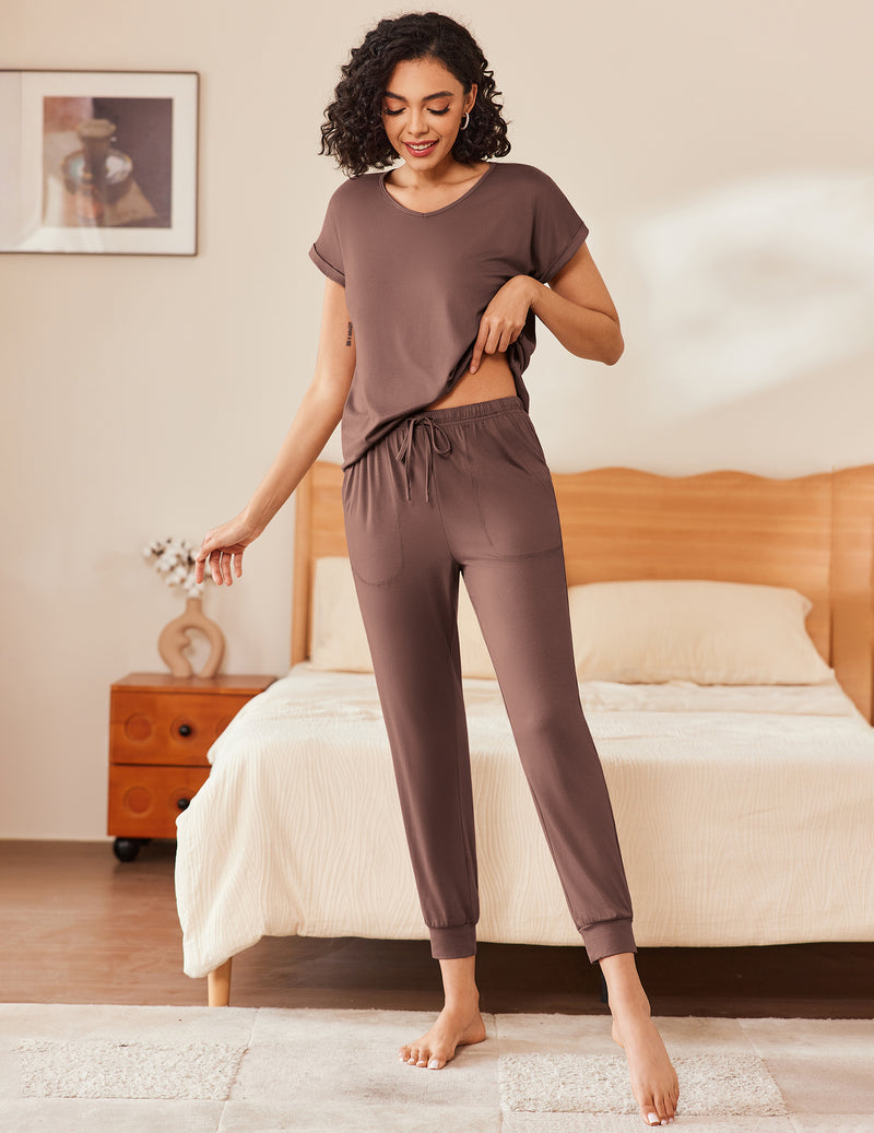 Mocha brown short sleeve pajama set with drawstring jogger pants