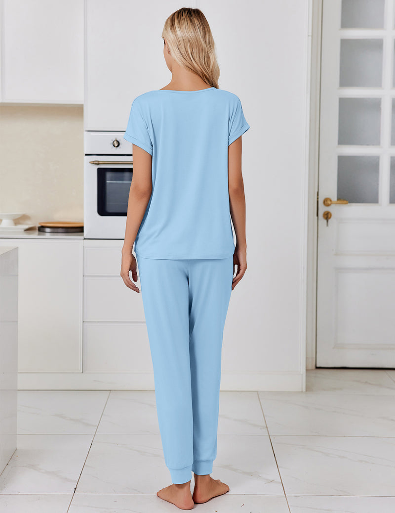 Light blue short-sleeve pajama top and jogger pants set with drawstring waist