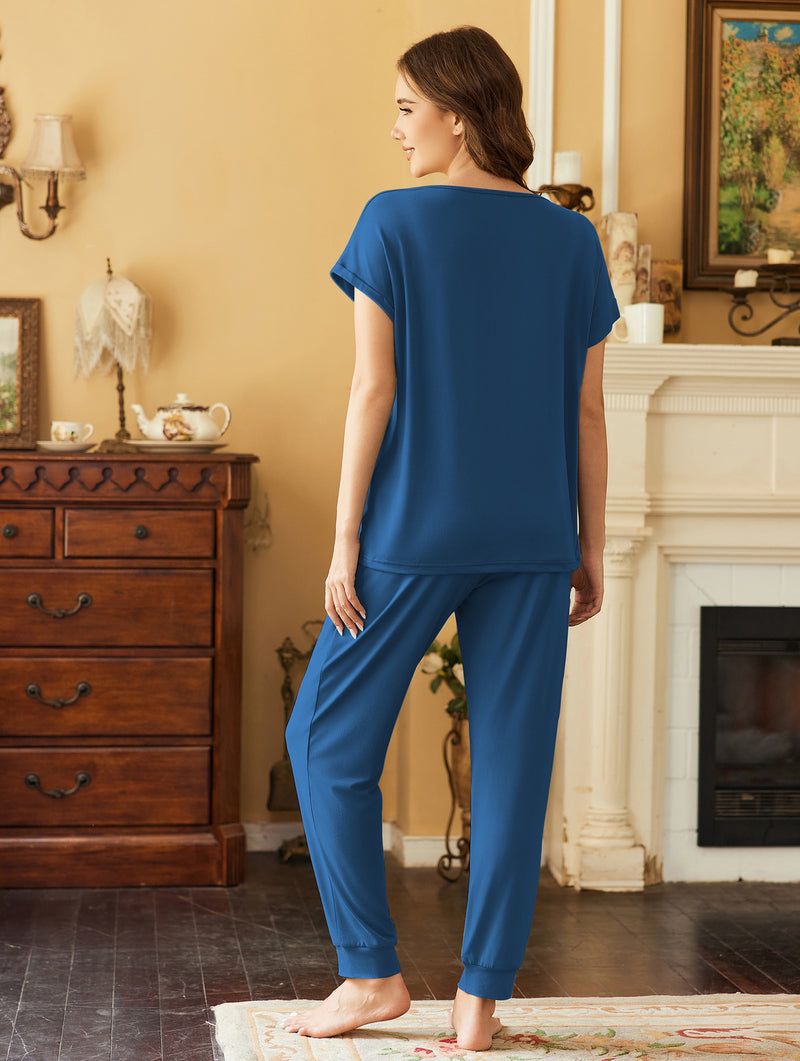 Blue short sleeve pajama set with drawstring jogger pants, back view