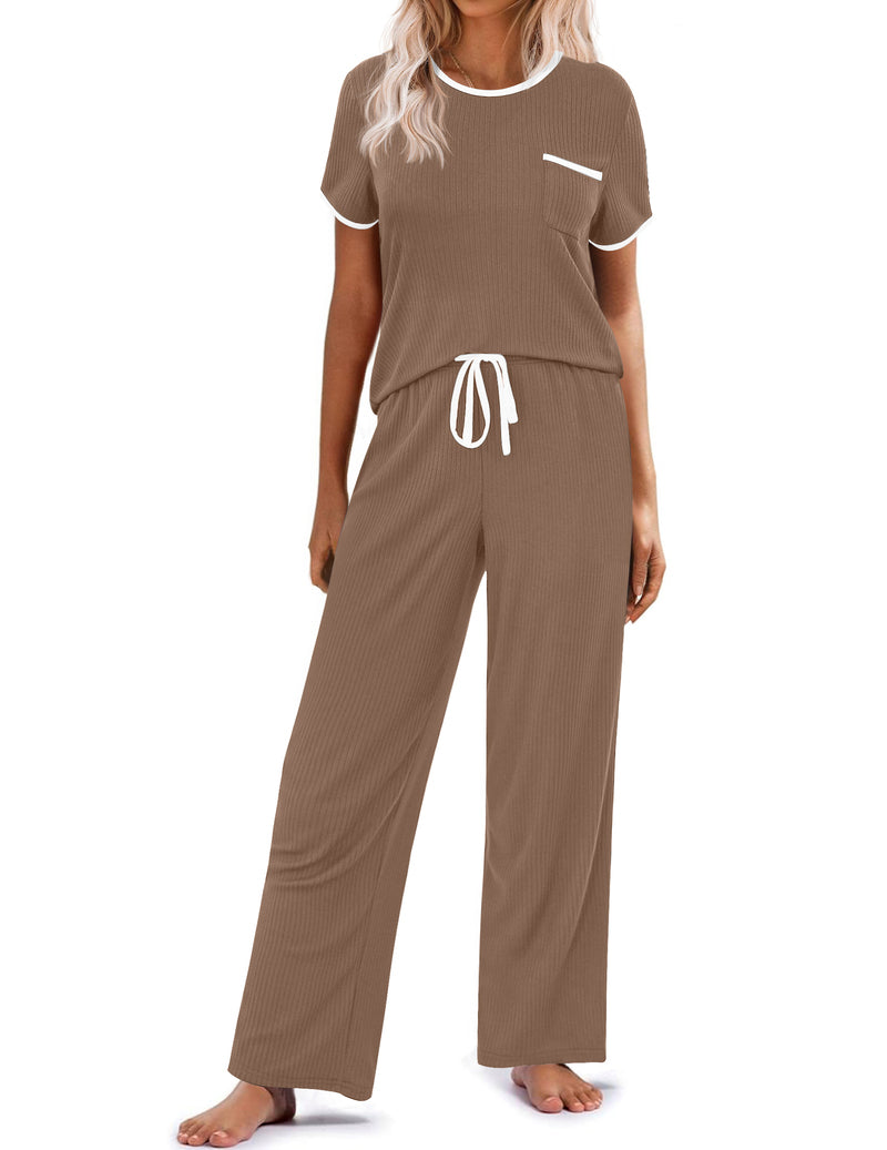 Ribbed knit pajama set in taupe brown: short-sleeve top, drawstring long wide-leg pants.