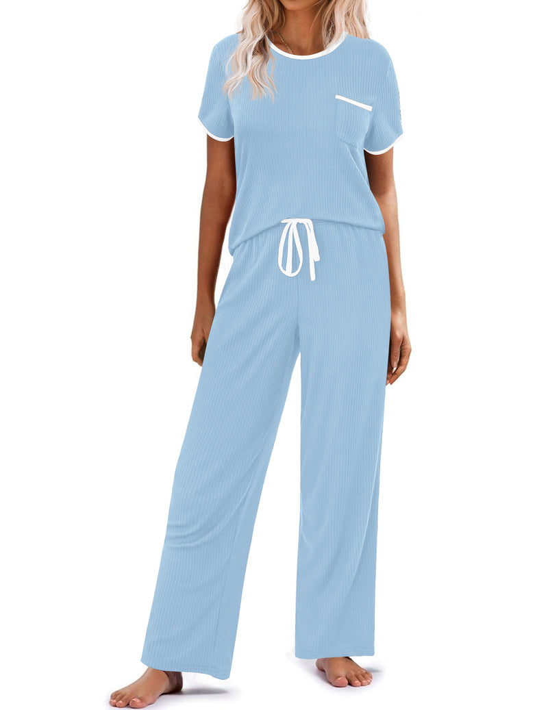 Ribbed knit pajama set in light blue: short-sleeve top, drawstring long wide-leg pants.