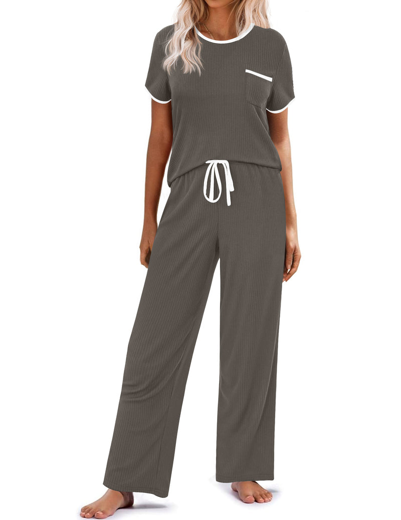 Ribbed knit pajama set in dark gray: short-sleeve top, drawstring long wide-leg pants.