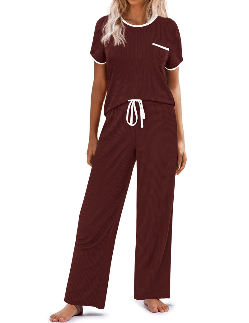 Ribbed knit pajama set in wine red: short-sleeve top with pocket, drawstring long pants.