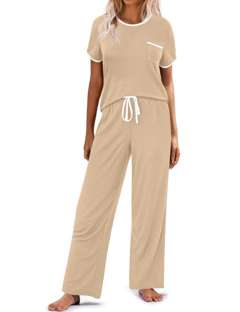 Ribbed knit pajama set in beige: short-sleeve top, drawstring long wide-leg pants.