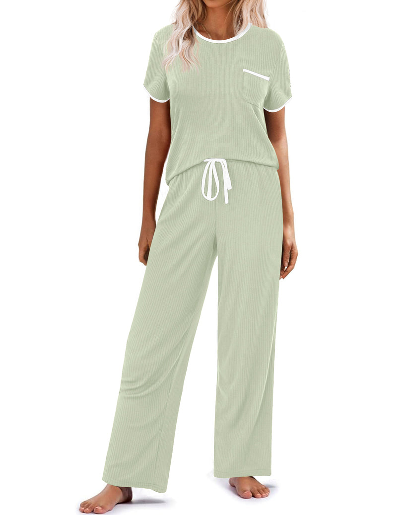 Ribbed knit pajama set in light green: short-sleeve top, drawstring long wide-leg pants.
