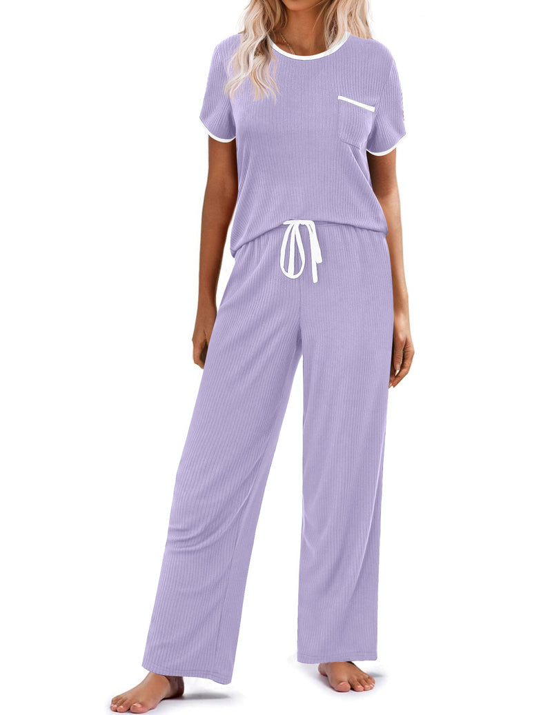 Ribbed knit pajama set in lavender: short-sleeve top, drawstring long wide-leg pants.