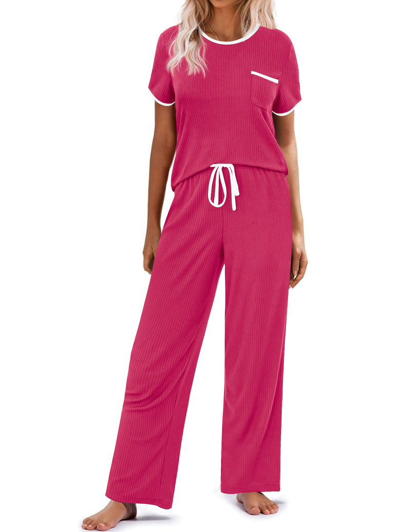 Ribbed knit pajama set in deep pink: short-sleeve top, drawstring long wide-leg pants.