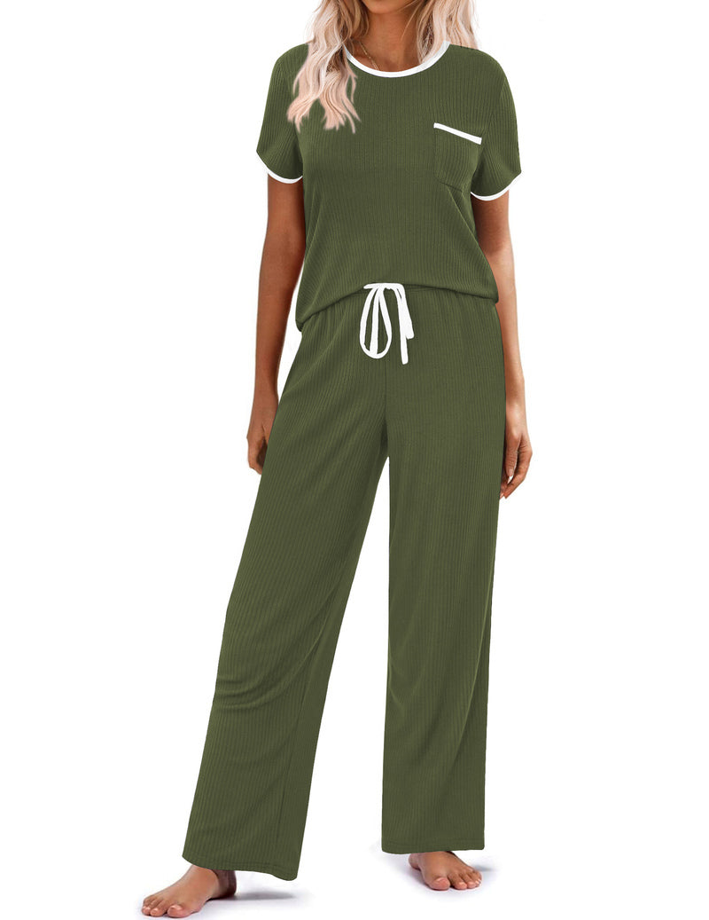 Olive green ribbed knit pajama set with short sleeves and drawstring long pants