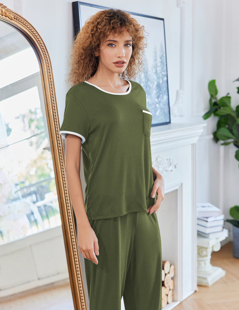 Olive green ribbed knit pajama set with pocket and drawstring long pants
