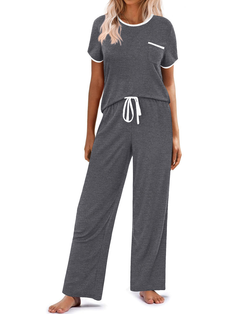Dark gray ribbed knit pajama set with short sleeves and drawstring wide-leg pants