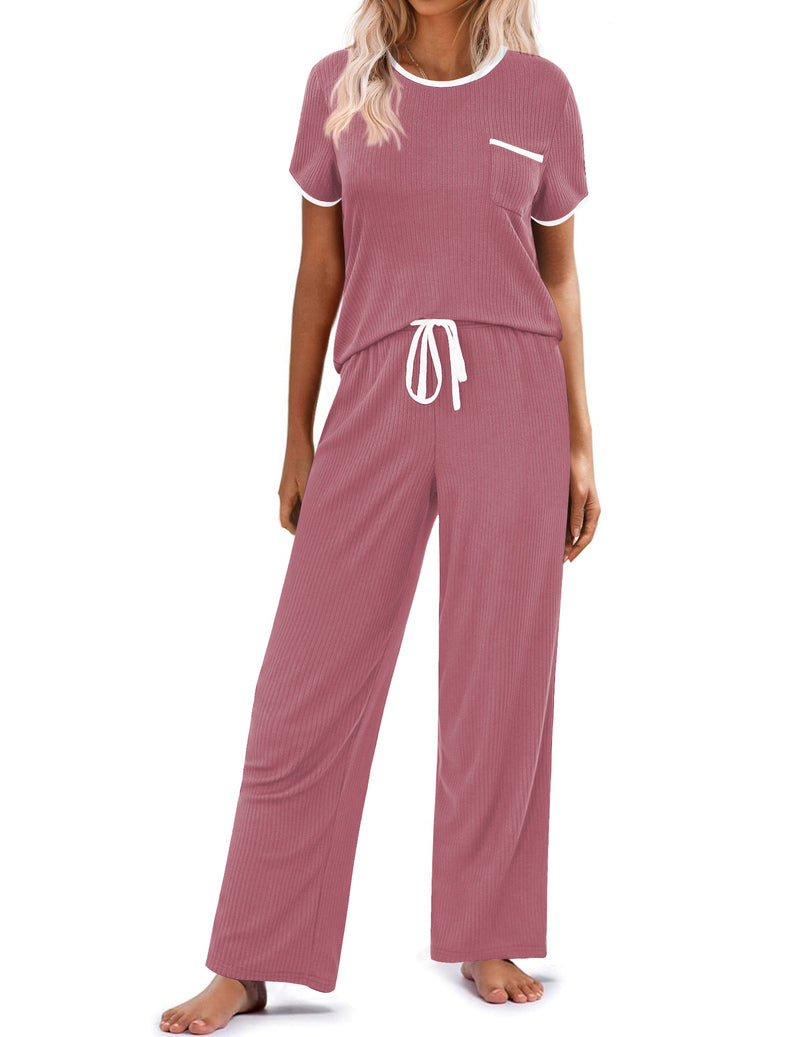 Dusty rose ribbed knit pajama set with short sleeves and drawstring wide-leg pants