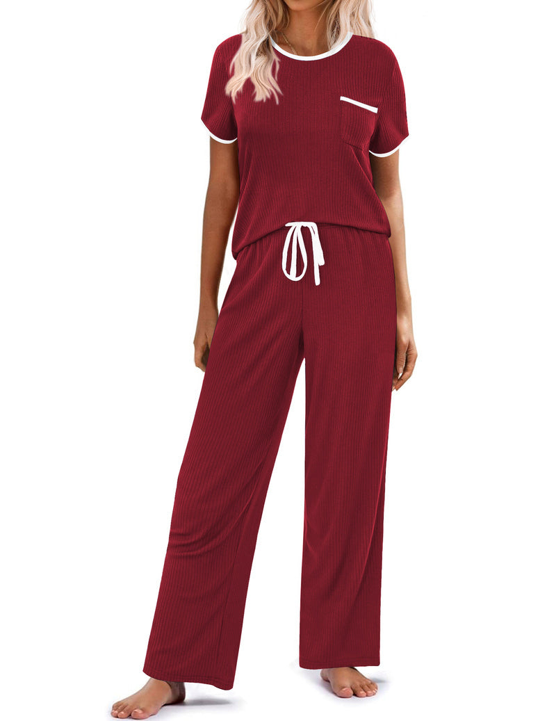Wine red ribbed knit pajama set with short sleeves and drawstring wide-leg pants