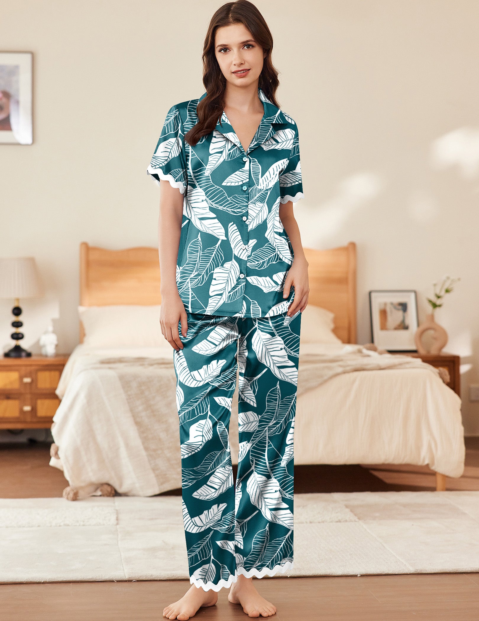 Contrast Silk Satin Pajamas Set (US Only)