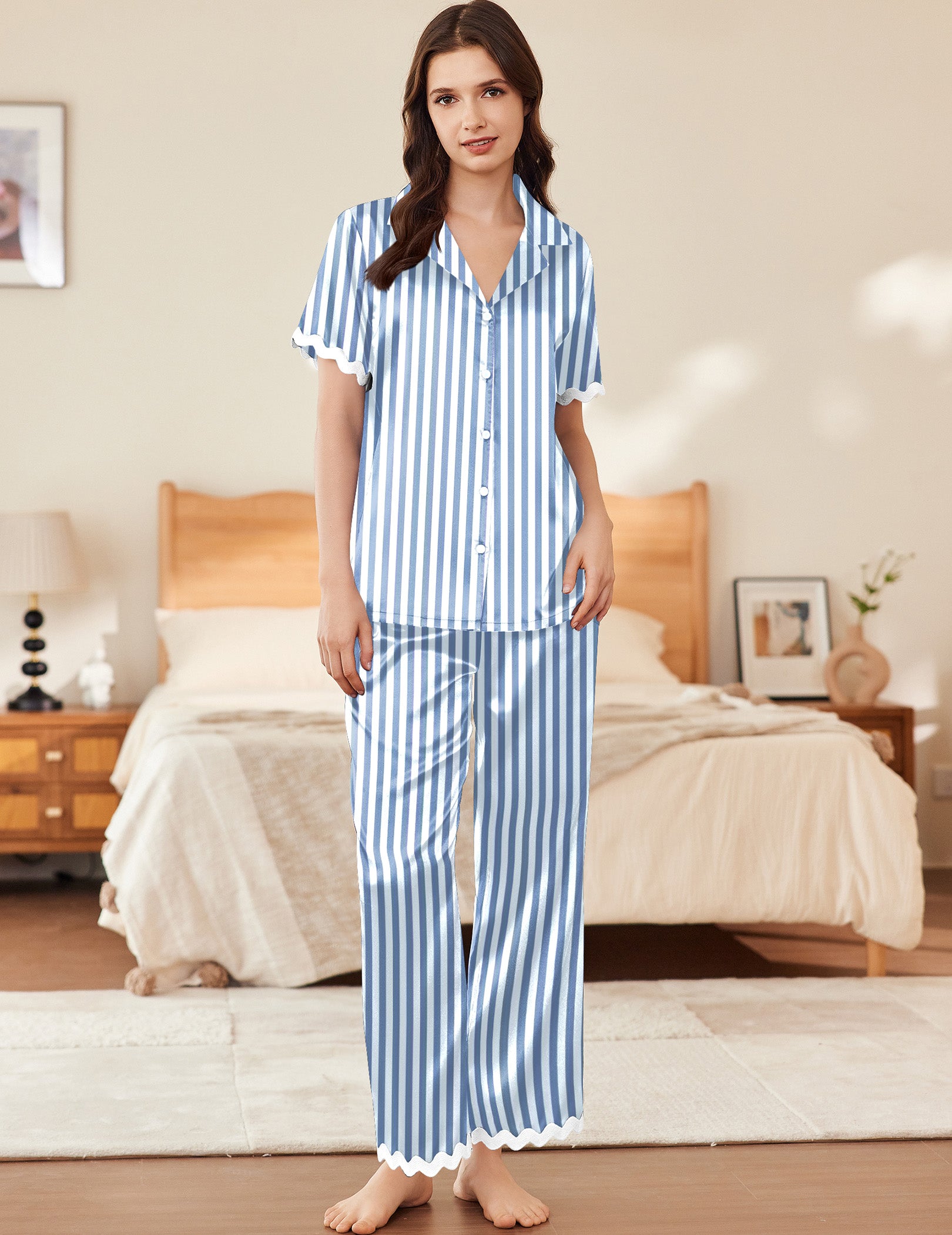 Contrast Silk Satin Pajamas Set (US Only)