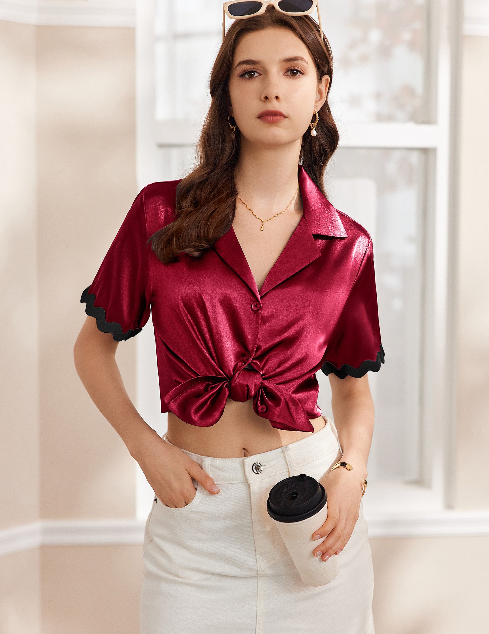 Contrast Silk Satin Pajamas Set (US Only)