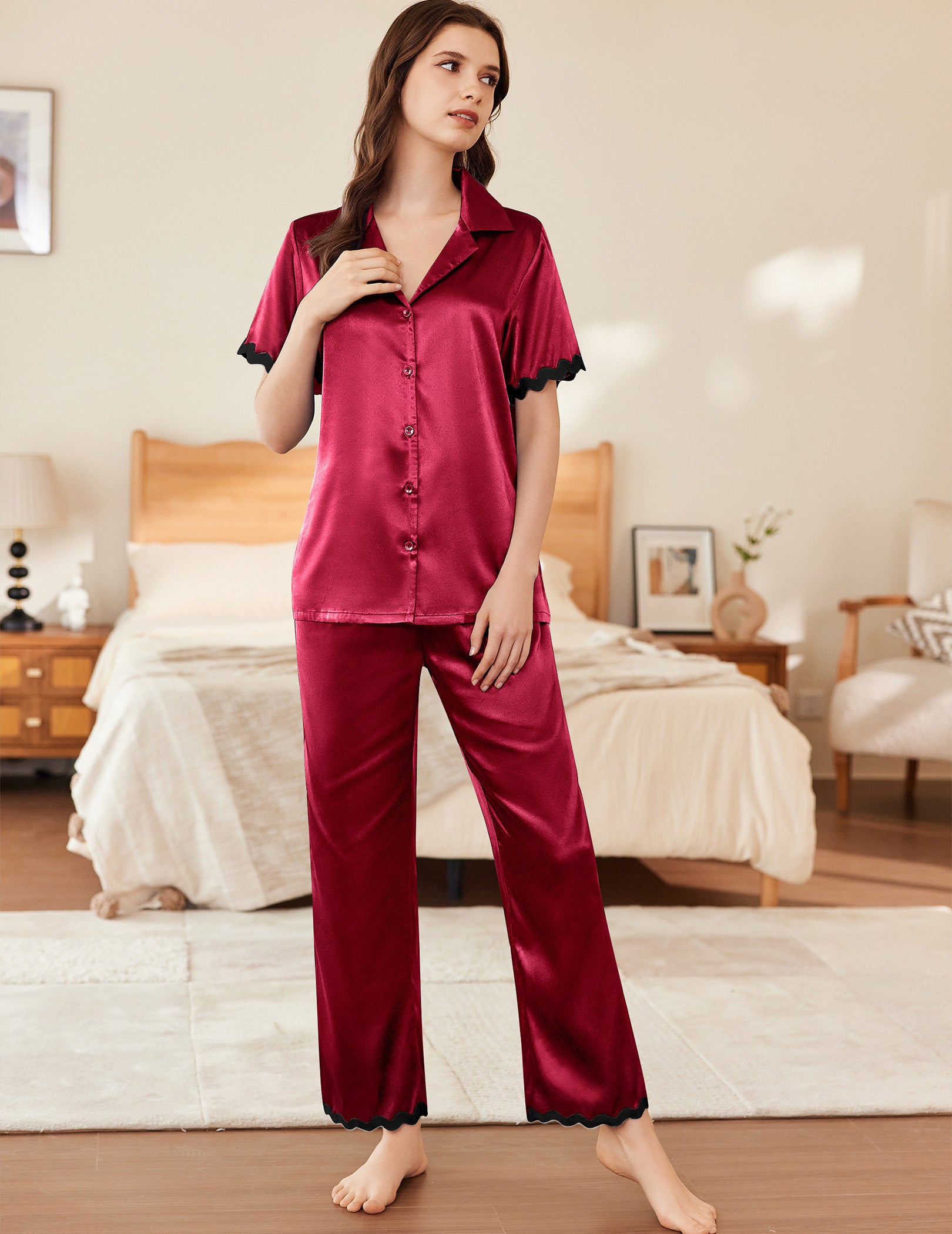 Contrast Silk Satin Pajamas Set (US Only)