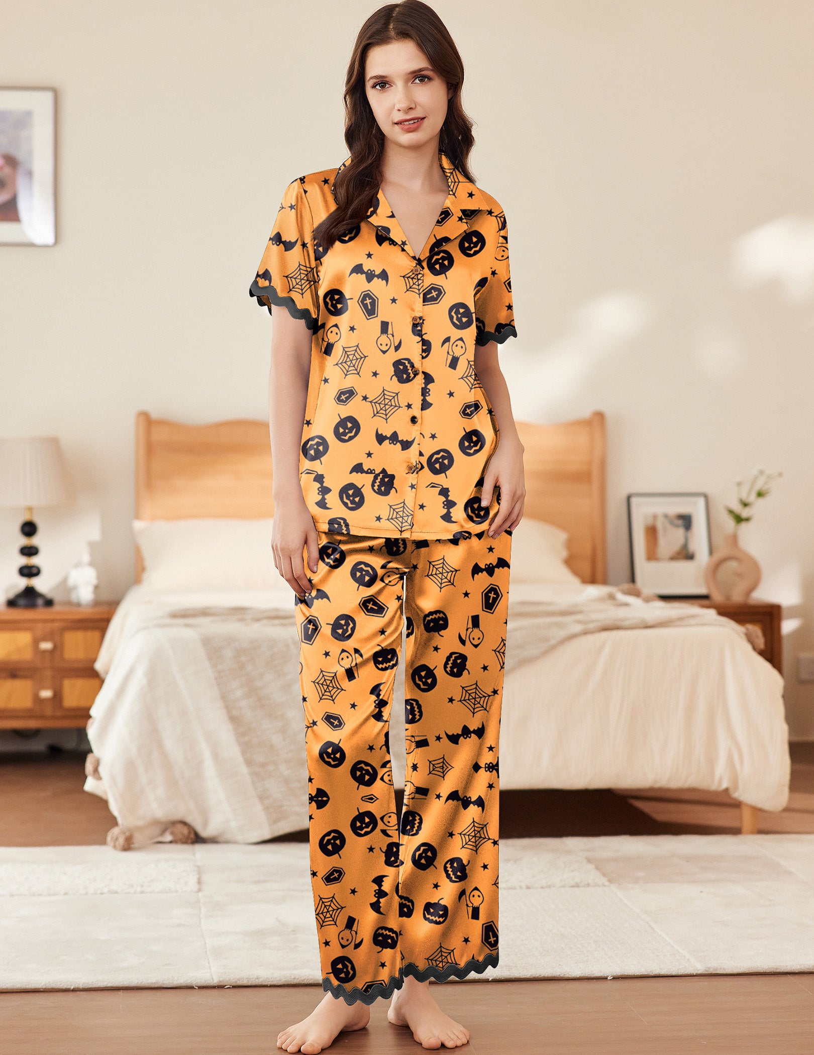 Contrast Silk Satin Pajamas Set (US Only)