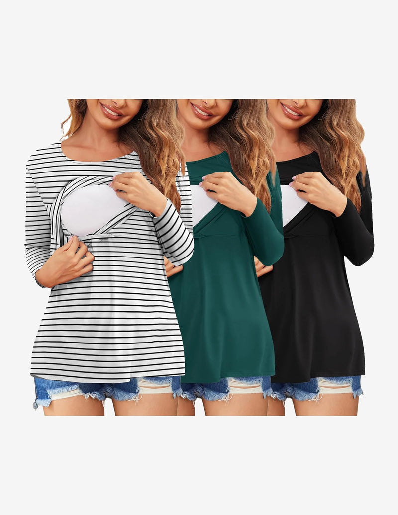 3 Packs Nursing Shirts Long Sleeve Breastfeeding Tops