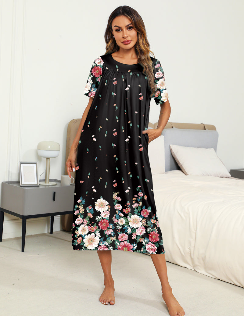 Ekouaer Women's House Dress with Pockets Long Nightgowns for Women House Dress Pleated Front Moo Moos for Women S-XXXL Black Flower / XXL Ekouaer Women's House Dress with Pockets Long Nightgowns for Women House Dress Pleated Front Moo Moos for Women S-XXXL Black Flower / XXL