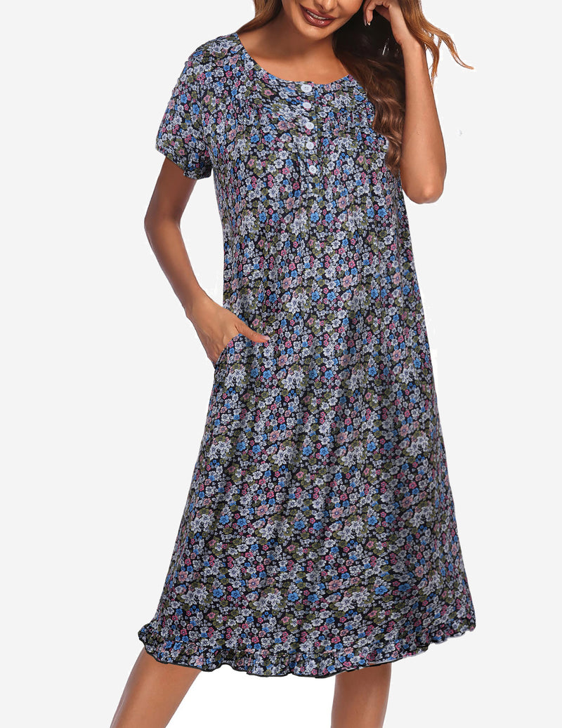 Button Front Short Sleeve Floral Mumu Dress