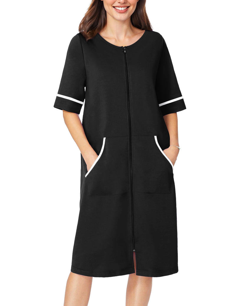Black short-sleeve zip-front robe with pockets and contrasting cuff trim, mid-calf length