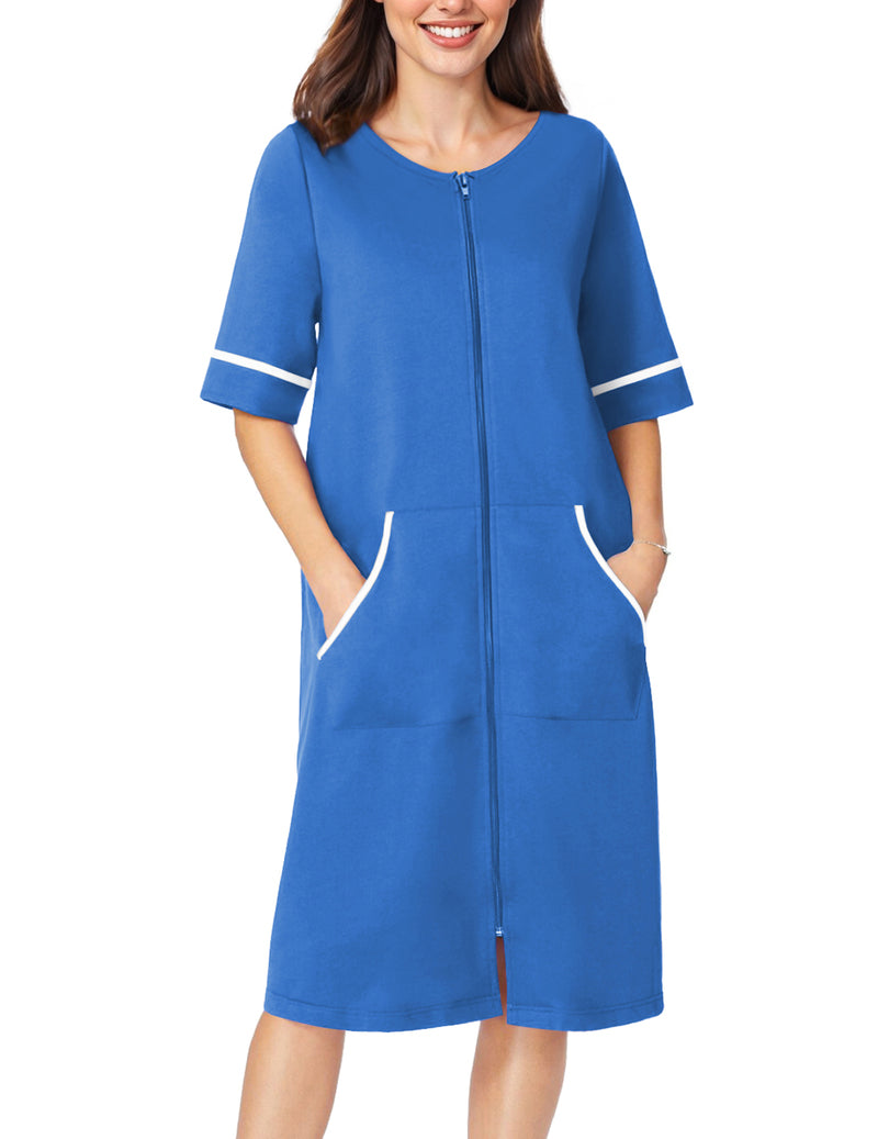 Blue short-sleeve zip-front robe housecoat with side pockets and contrasting cuff trim