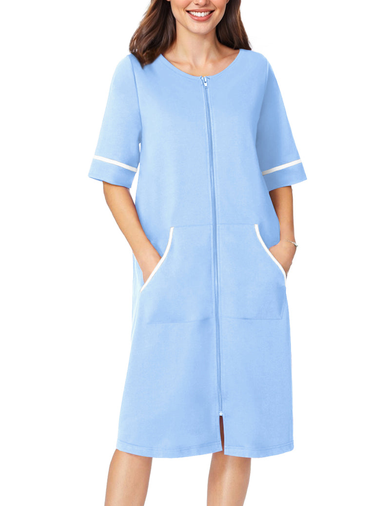 Light blue short-sleeve zip-front robe with pockets and contrasting cuff trim, mid-calf length