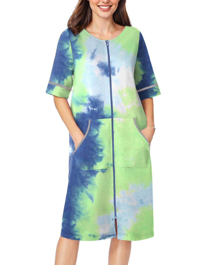 Tie-dye short-sleeve zip-front robe with pockets and contrast cuff trim, mid-calf length