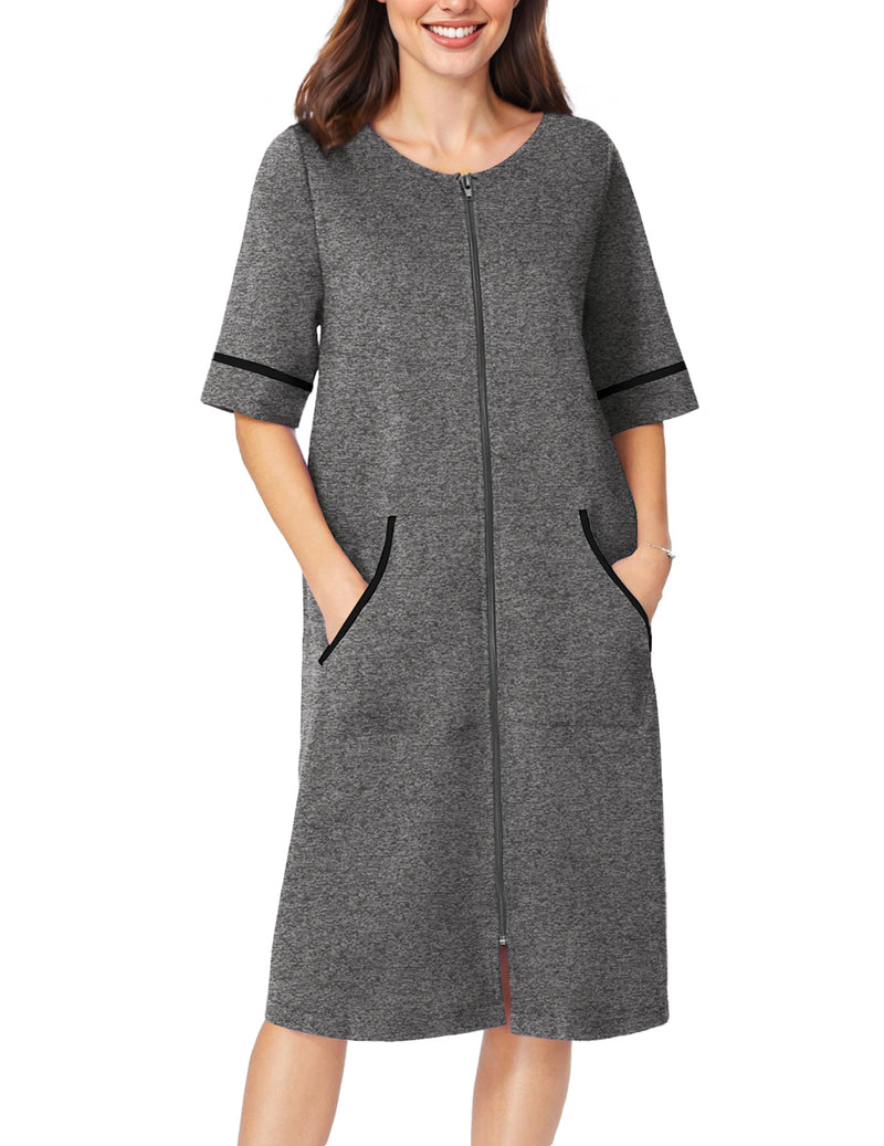 Dark gray short-sleeve zip-front robe with pockets and contrasting cuff trim, mid-calf length
