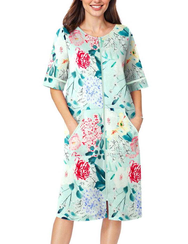 Floral short-sleeve zip-front robe with pockets and contrast cuff trim, mid-calf length