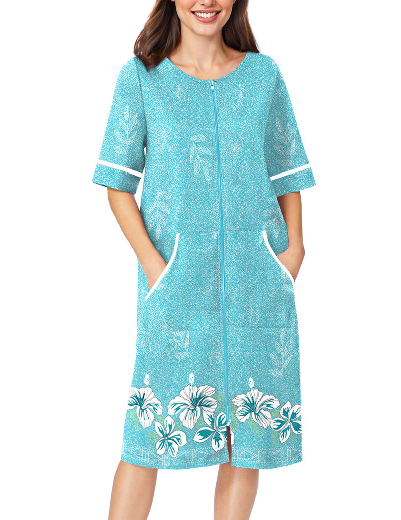 Turquoise short-sleeve zip-front robe with pockets and contrast cuff trim, mid-calf length