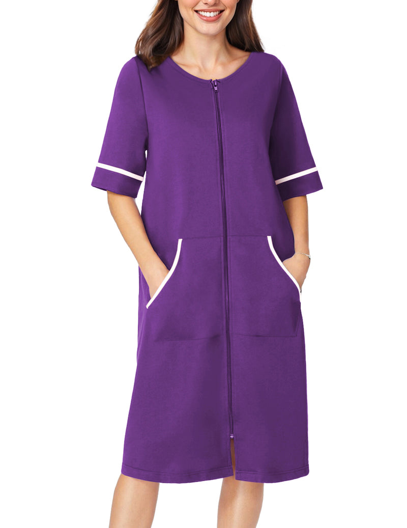 Purple short-sleeve zip-front robe with pockets and contrast cuff trim, mid-calf length