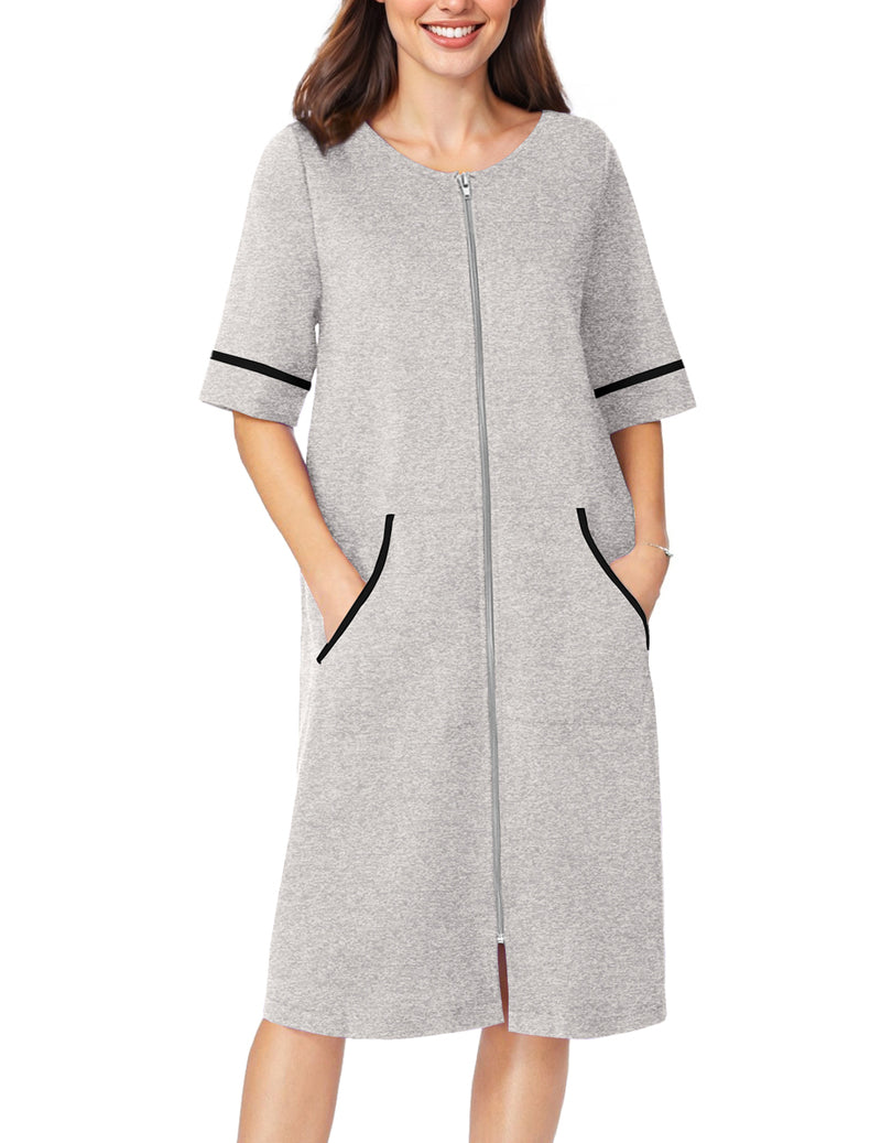 Heather gray short-sleeve zip-front robe with pockets and contrast cuff trim, mid-calf length