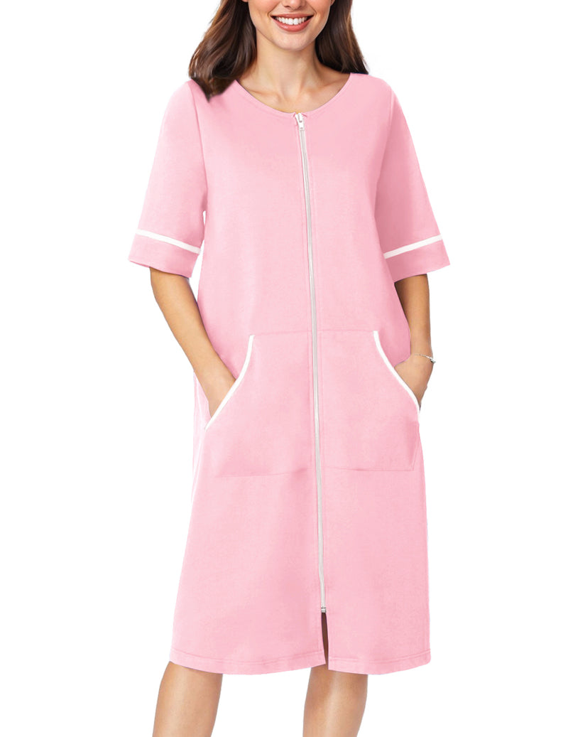 Light pink short-sleeve zip-front robe with pockets and contrast cuff trim, mid-calf length